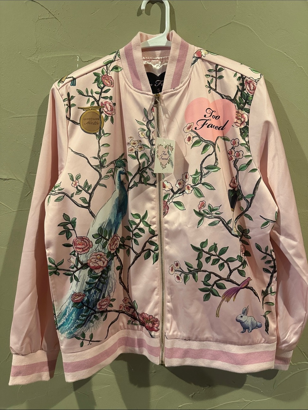 Too Faced Pink Floral & Bird Satin Bomber Jacket